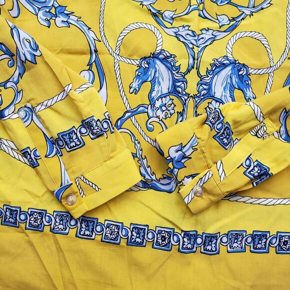 Anthropologie Maeve Elan Scarf Print Blouse 0 Yellow Horse Tie Front Equestrian - Picture 7 of 15